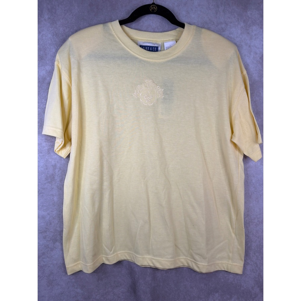 NWT VTG Erika & Co T-Shirt Large Yellow Floral Embroidered Short Sleeve Crew